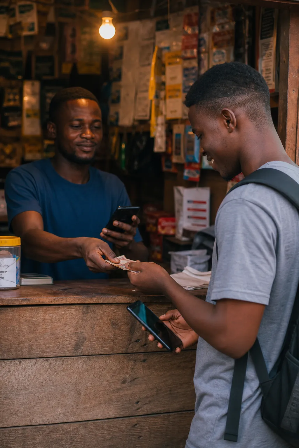 A kiosk seller taking payment and sending a top-up to the person in front of them