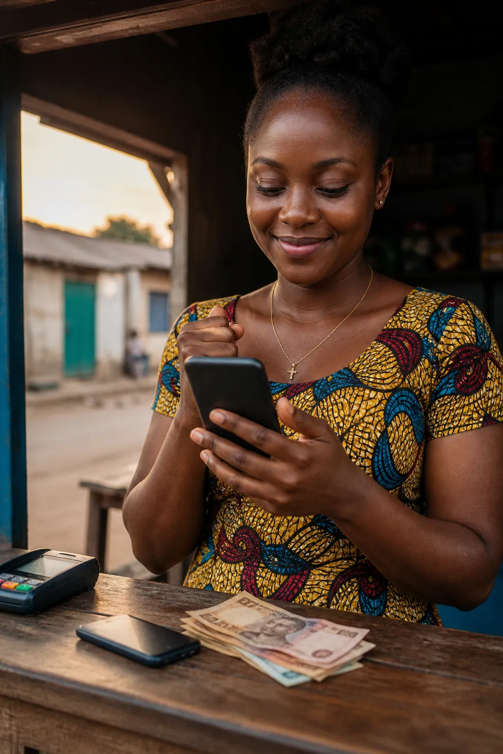 A customer at a quiet Ghana kiosk checking that a data send went through